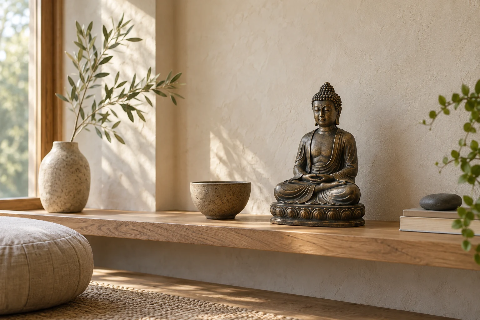 Imagen ilustrativa de una figura de Buda en un rincón sereno, con luz natural