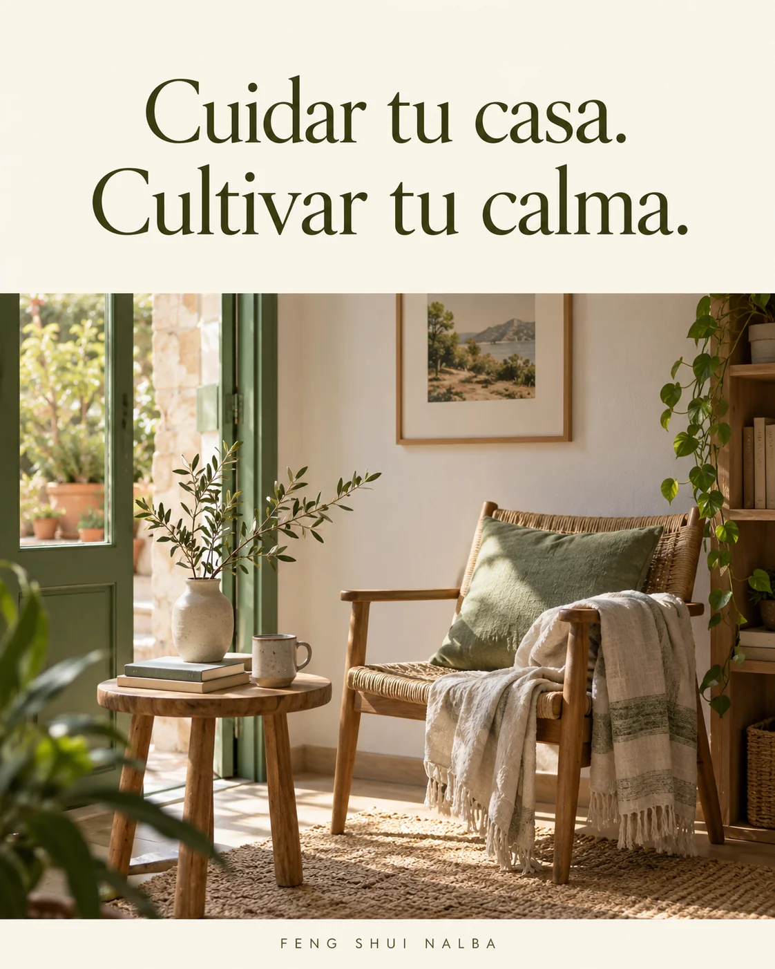 Rincón ilustrativo con luz natural, una butaca y plantas